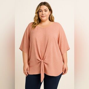 Sandy & Sid Pink Polka Dot Tie-Front Tunic Top 1X